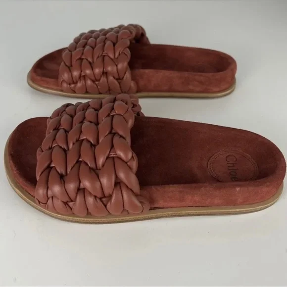CHLOE RED BRAIDED LEATHER SLIDES - Picture 8 of 13